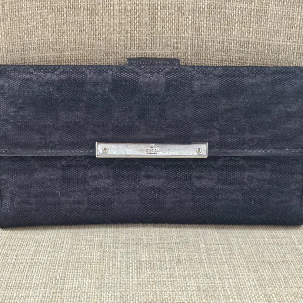 Gucci Clutch Wallet Black Leather/Canvas Bag Card Holder Purse Made in Italy aut - Picture 1 of 14
